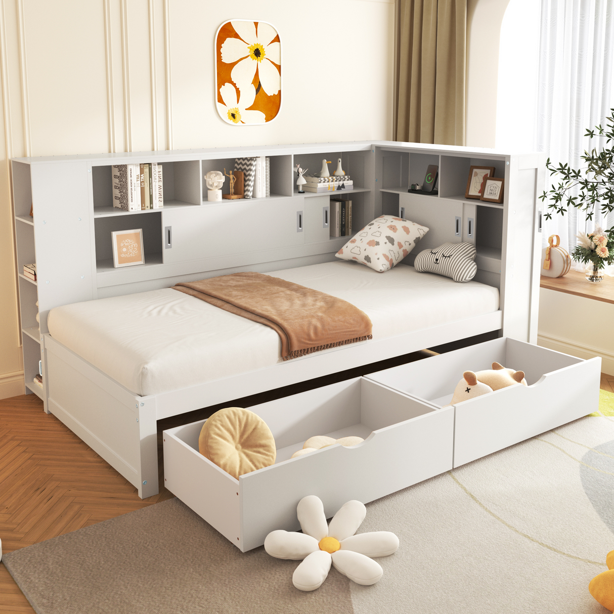Platform Bed with Trundle, Bookcase & USB, Single 3ft, Storage Drawers and Shelves, White