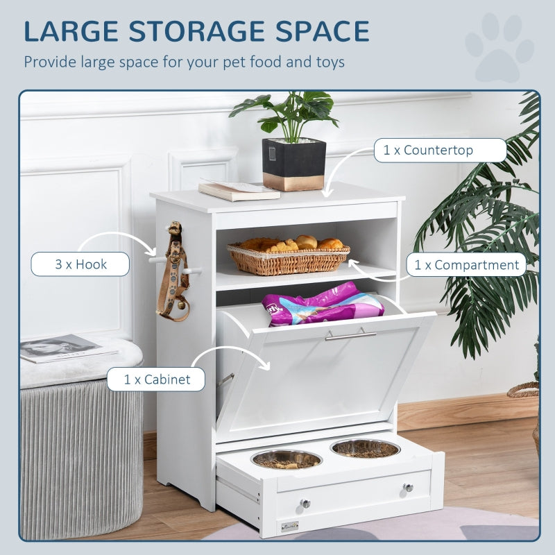 Pet Feeder Station, Dog Cat Storage Container with Raised Bowls, White