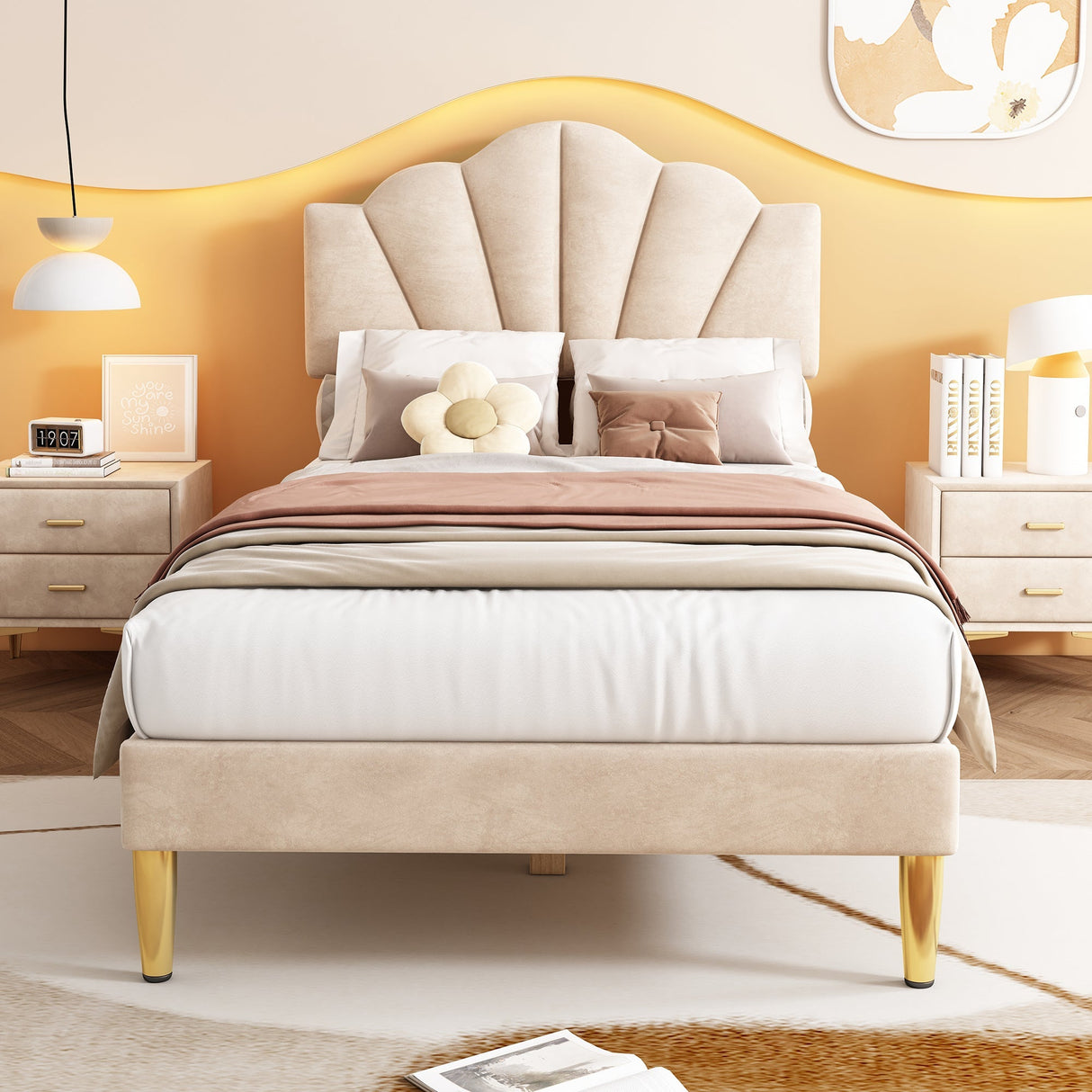 Velvet Upholstered Single Bed, 3ft Shell-Like with Golden Iron Legs and Wooden Slatted Frame, Beige