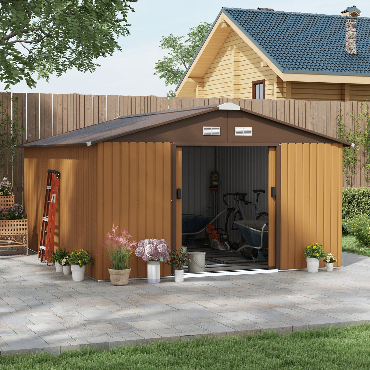 Metal Garden Shed, 13x11ft Outdoor Storage with Ventilation & Double Lockable Doors, Light Brown