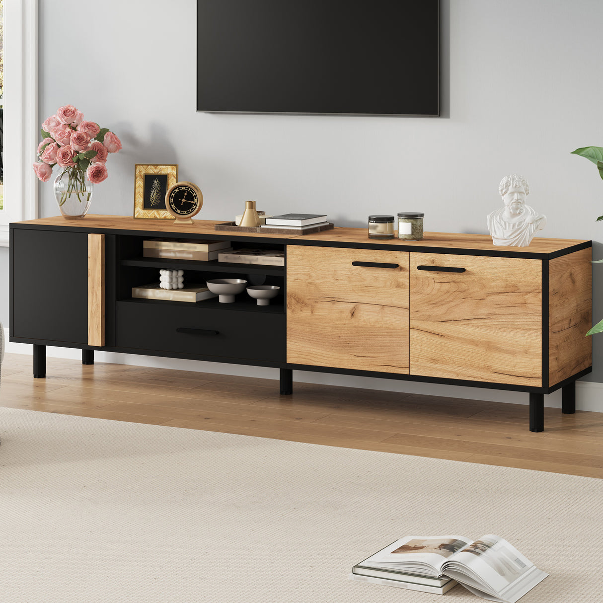 Modern 180cm TV Stand, Lowboard, TV Cabinet, TV Unit, TV Entertainment Center, Oak & Black Media Console with Drawer & Cabinets, Industrial Low Storage Cabinet for Living Room, TVs up to 75"