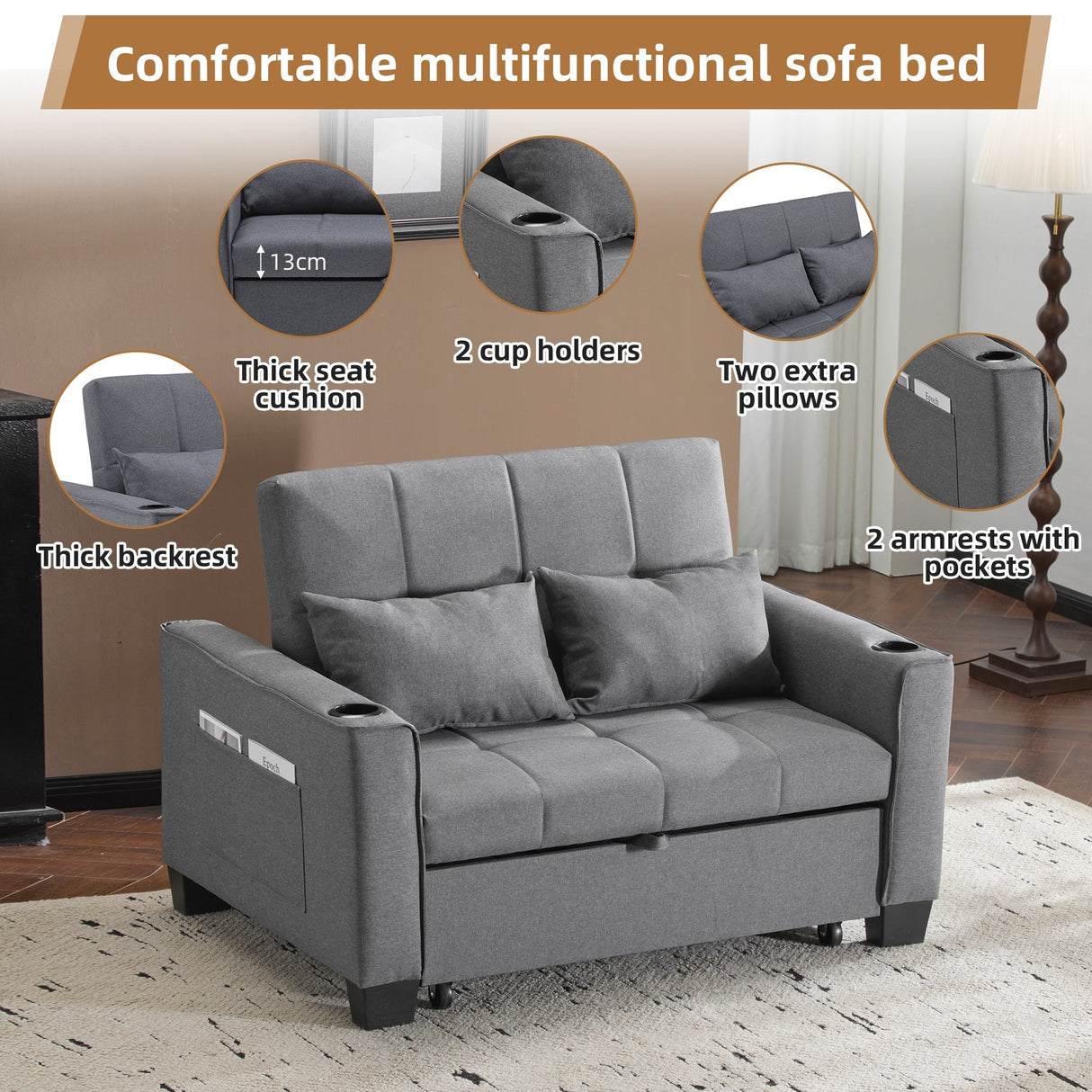 2 Seater Sofa Bed with Cup Holders, Pull Out Sleeper Sofa, Grey Fabric