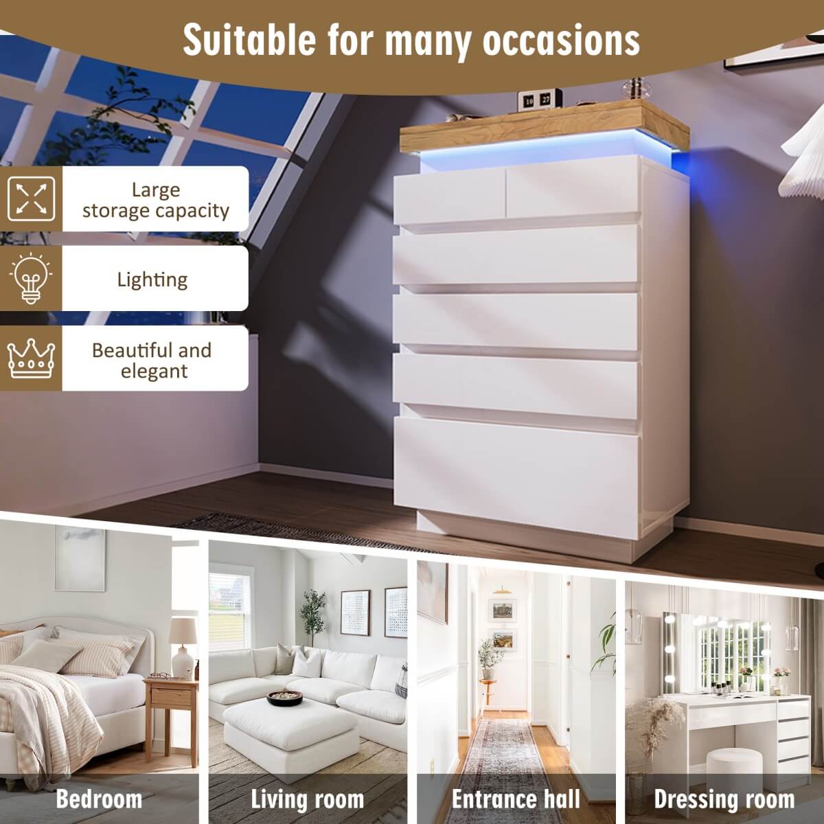 High Gloss Sideboard Cabinet with 6 Drawers - RGB LED Storage Chest of Drawers for Living Room & Bedroom, White