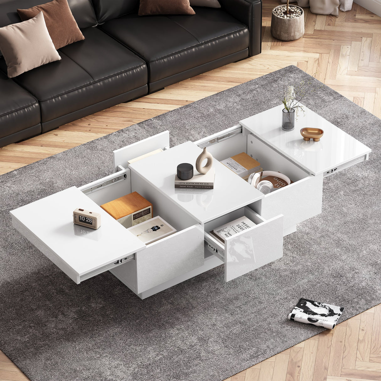 Coffee Table for Living Room, Modern Side Table with 2 Drawers and 2 Big Storage Space, White High Gloss Particle Board
