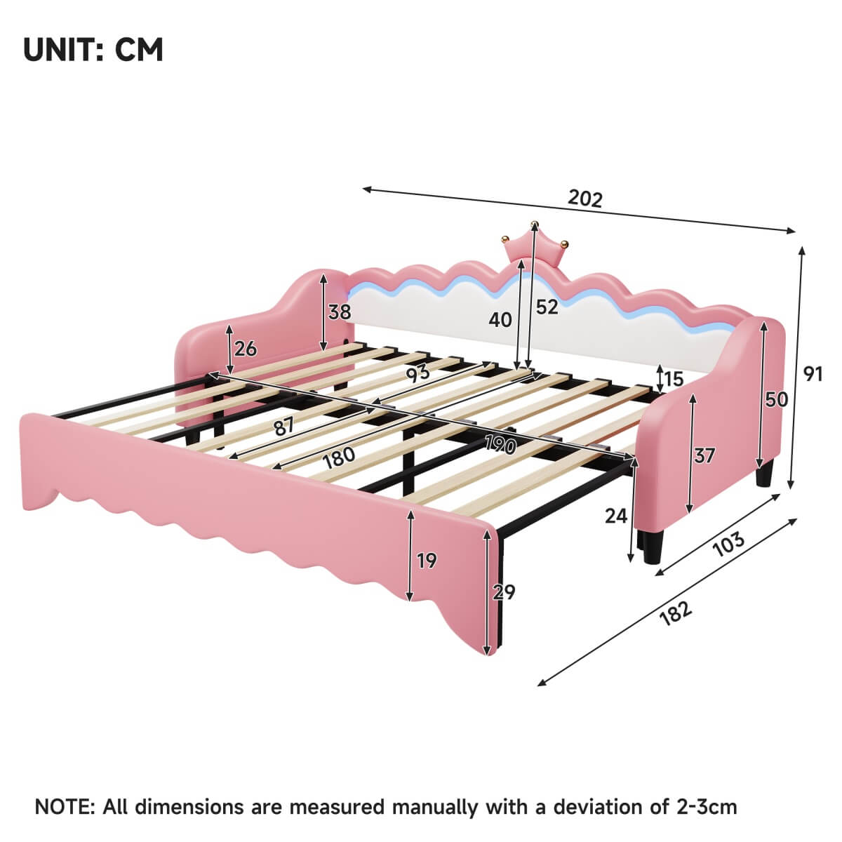 3FT Single Daybed with LED Crown Headboard - PU Leather Sofa Bed with Trundle for Living Room or Bedroom