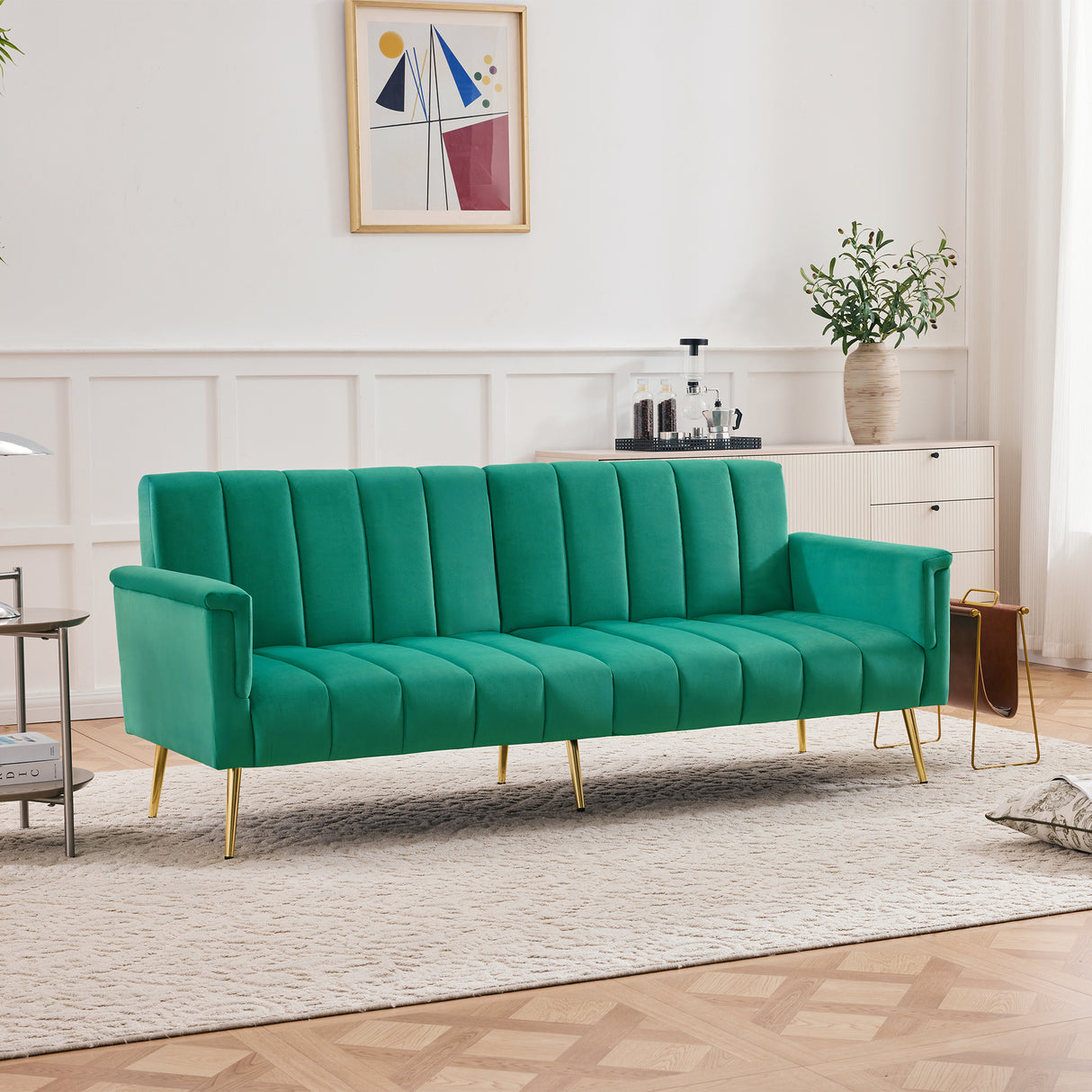 Modern Adjustable Velvet Sofa Bed with MultiPosition Backrest & Armrests, Metal Legs, Convertible Sleeper Function, Ideal for Living Room, Bedroom, Home Theater & Guest Room, Green, Video Included