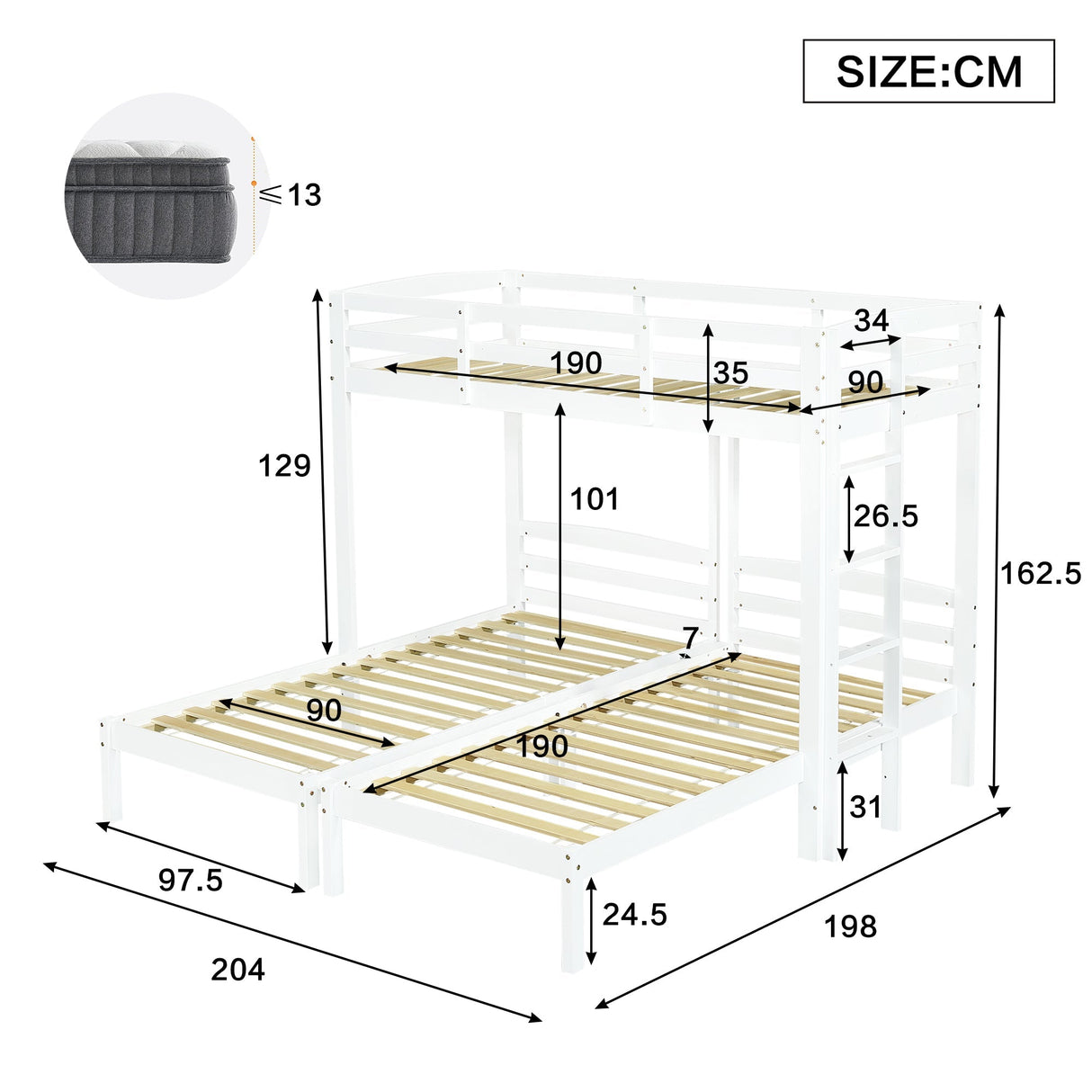 3ft Triple Sleeper Bunk Bed with Side Ladder ¨C White Wooden Bed for Kids & Teens