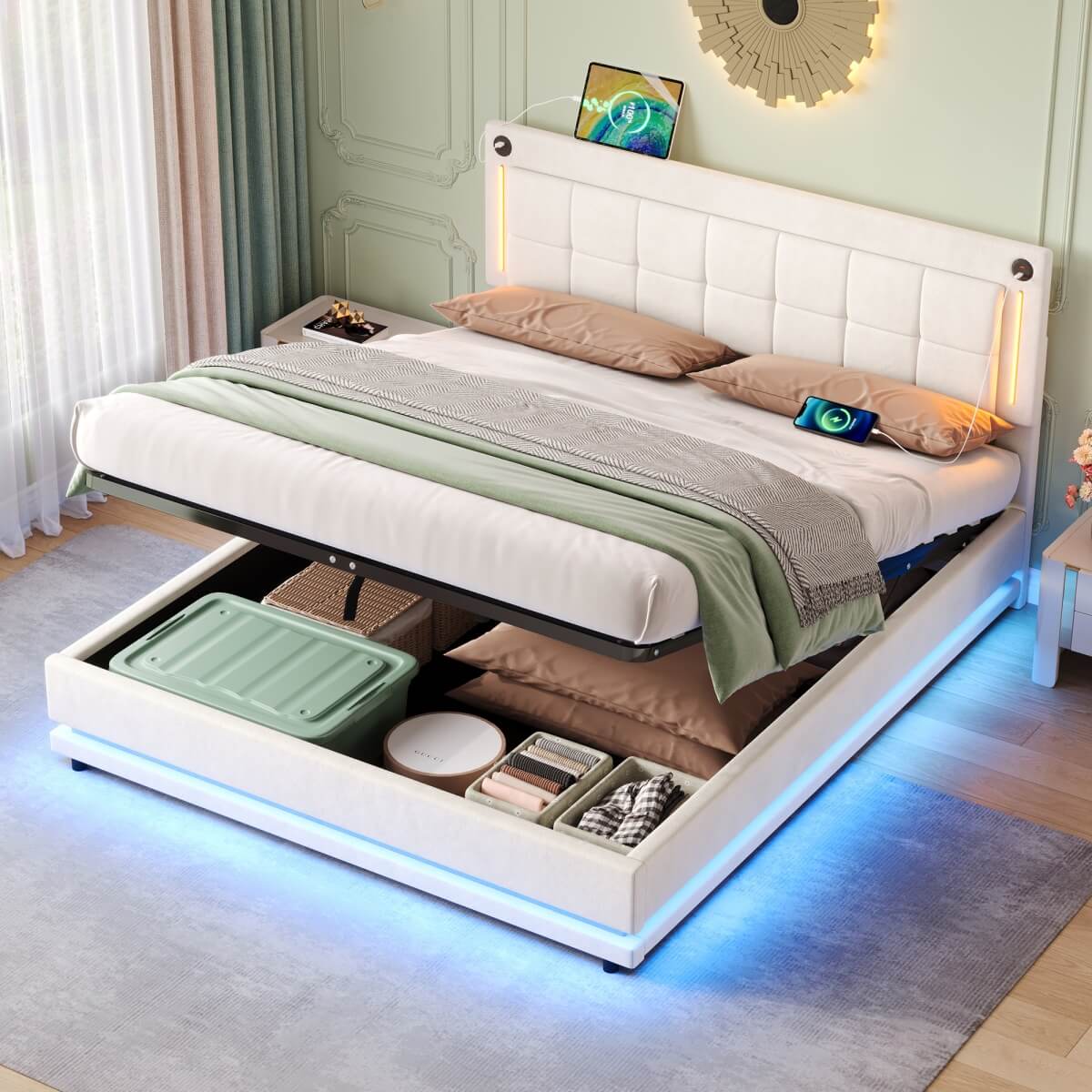 4ft6 Double Velvet LED Hydraulic Bed - Adjustable Tufted Headboard with USB and Type C Charging