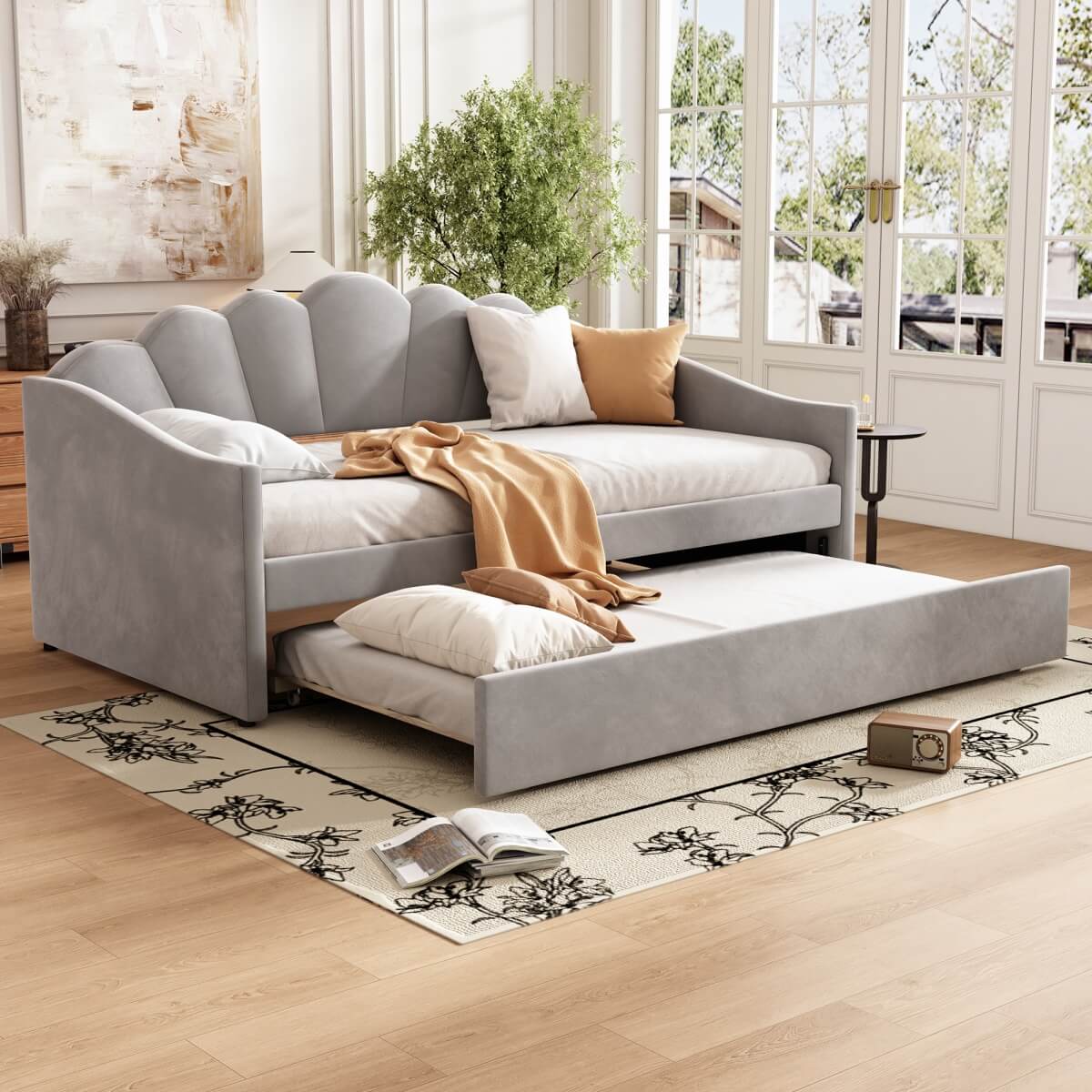 3ft Single Upholstered Day Bed - Velvet Sofa Bed with Pull-Out Trundle Bed, Grey