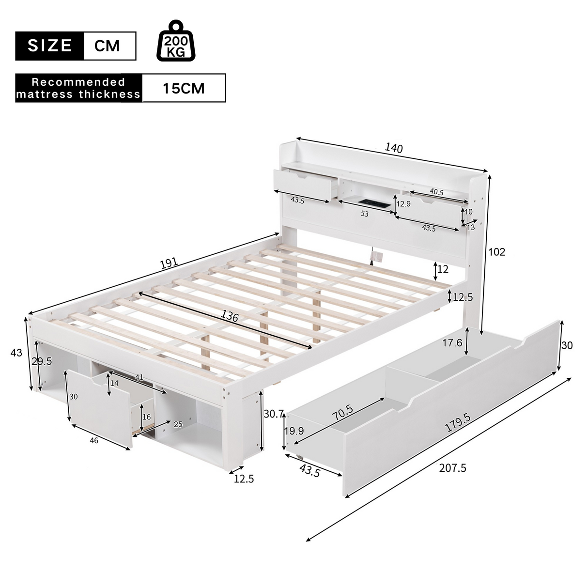 Double Bed 4ft6 (135*190cm) with USB Port, Drawers & Storage Cabinet, White