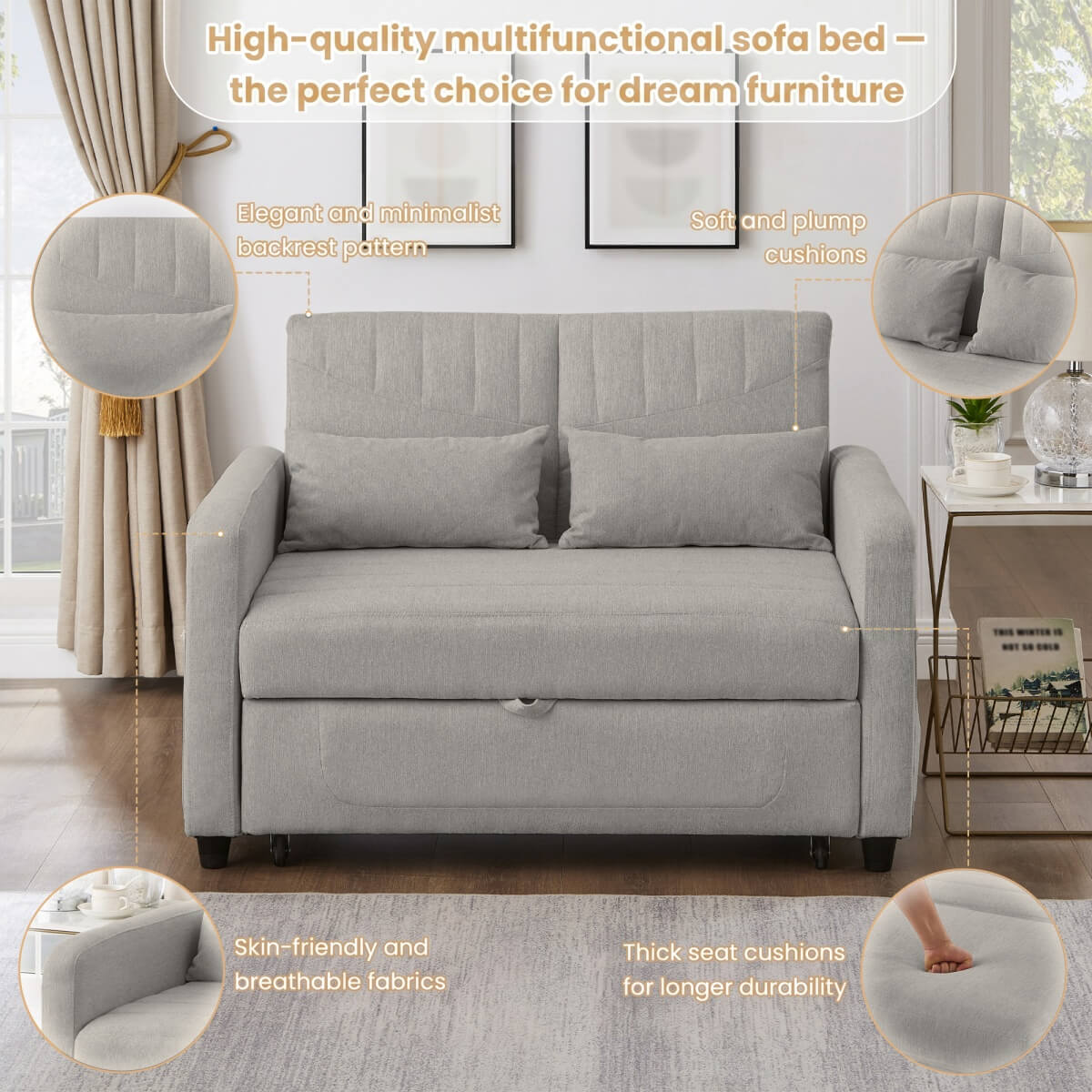 2 Seater Fold-Out Sofa Bed with Sleeping Function - Pull-Out Sleeper Sofa, 3-Level Adjustable Backrest, Cotton Linen Fabric, Light Gray
