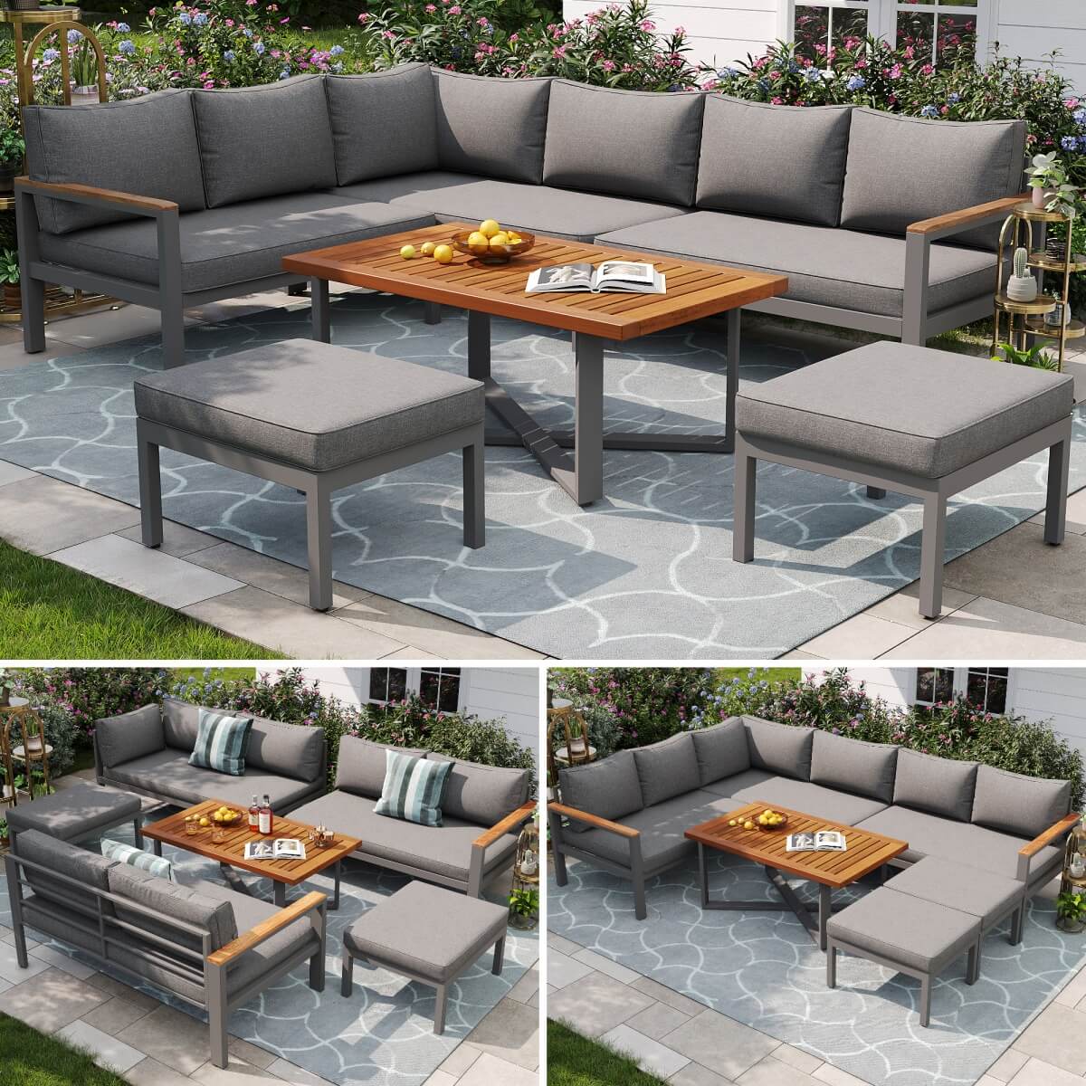 7-8 Seater Rattan Garden Furniture Set - L Shaped Corner Sofa with Coffee Table and Stools, Grey