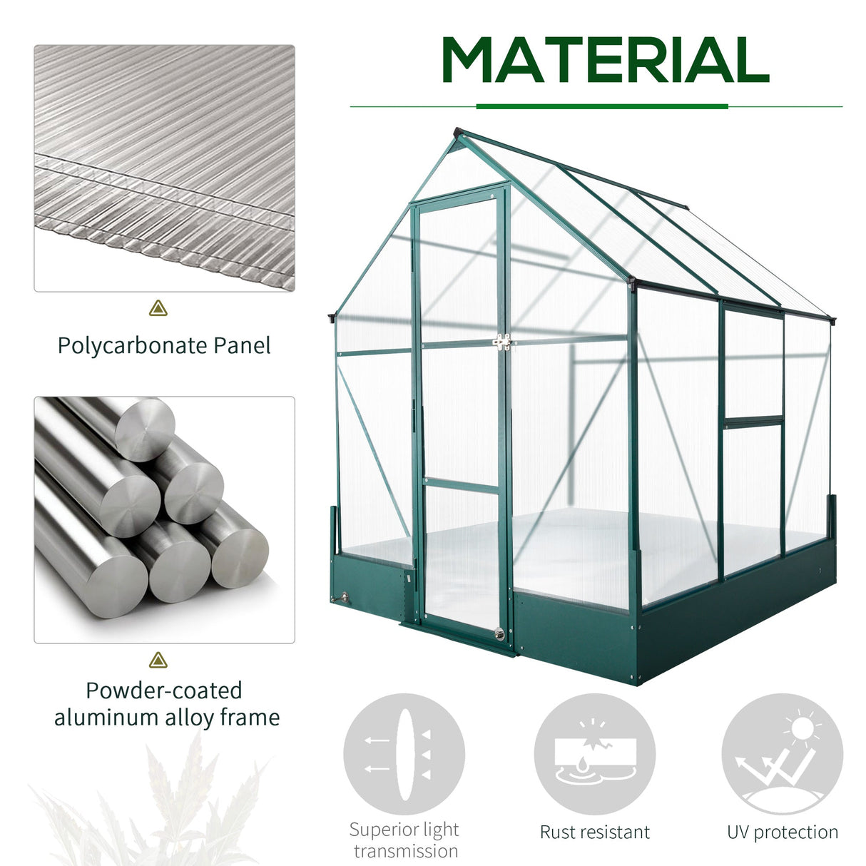 6x6 FT Polycarbonate Greenhouse with Base and Raised Bed, Walk-in with Temperature Controlled Window, Aluminium