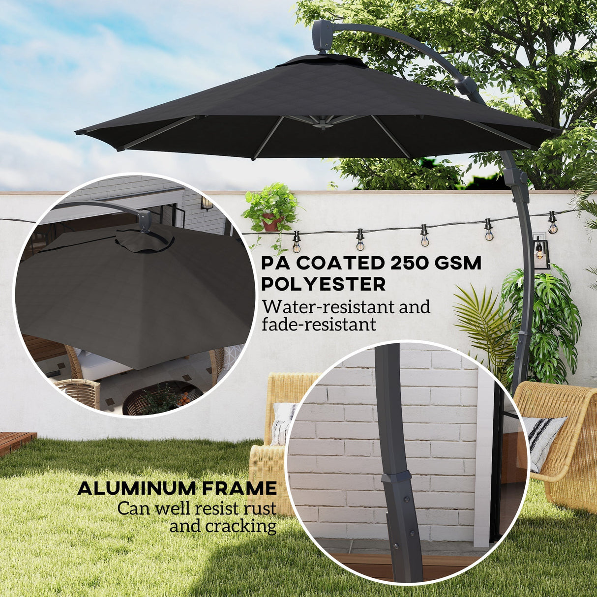 Garden Cantilever Parasol, 3m Round Overhanging Umbrella with Crank Handle, Black