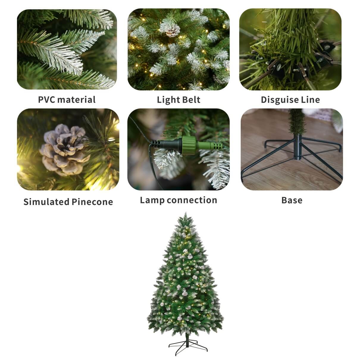 Snow Flocked Artificial Christmas Tree with Pine Cones - Full PVC Xmas Tree with 8-Mode Warm White LED Lights, 6ft/7ft