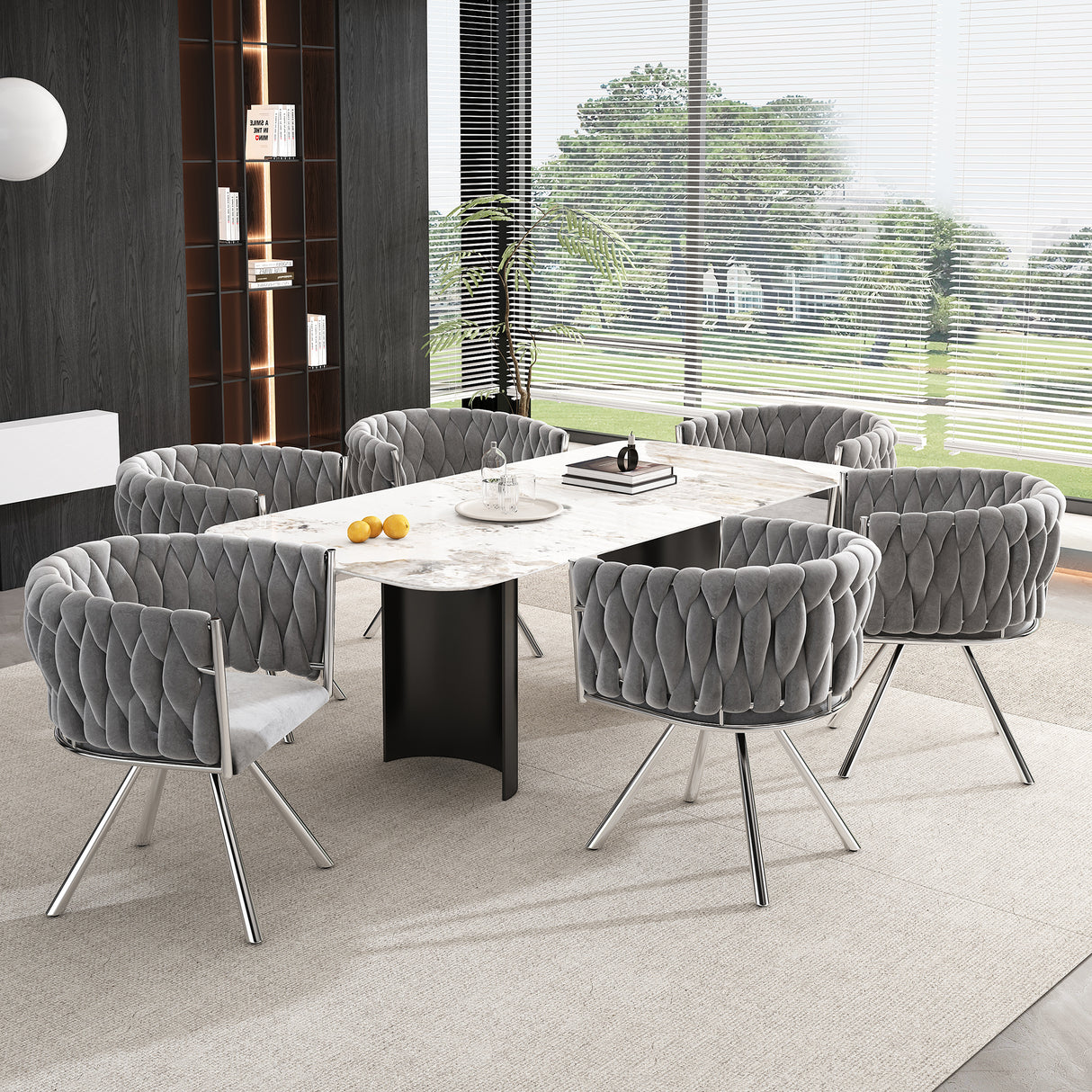 Set of 6, velvet dining chair, single light luxury living room bedroom swivel chair, Leisure swivel chair with four metal support legs, grey+silver