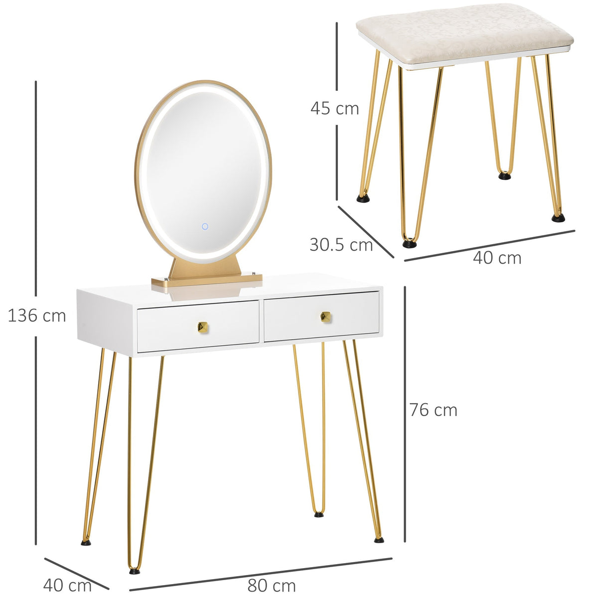 Dressing Table Set with LED Light, Round Mirror, 2 Drawers, Cushioned Stool, White