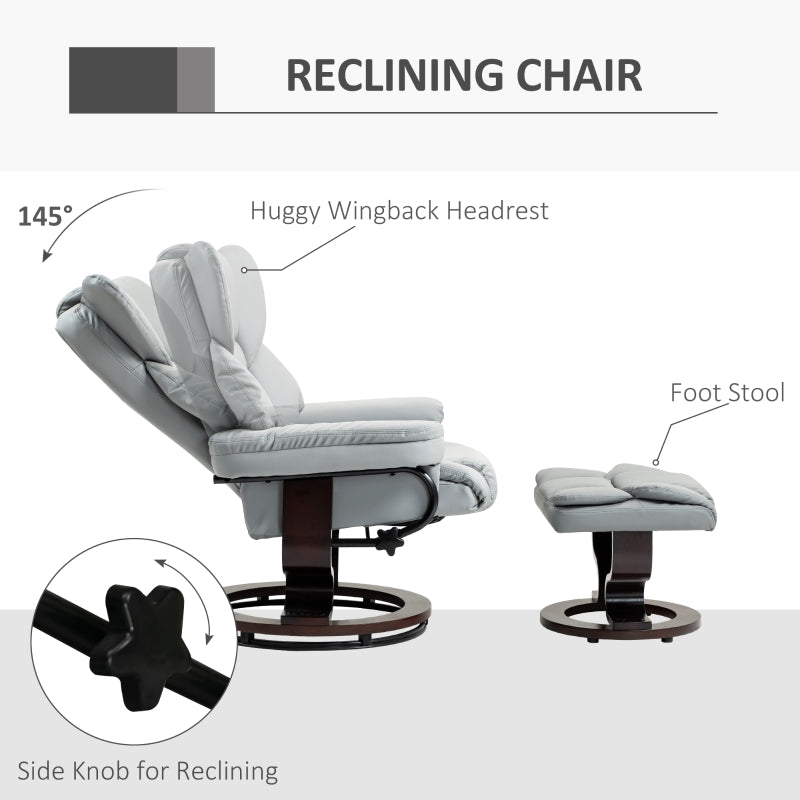 360?? Swivel Recliner Chair with Footstool, Manual Recliner Armchair, PU Leather Light Grey