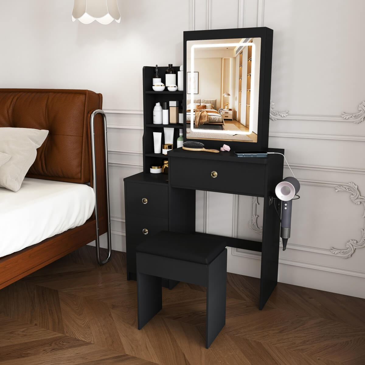 Modern Black Vanity Desk with 3-Mode LED Lighting - Dressing Table with 4 Drawers, Open Storage Shelves, Hair Dryer Holder, Power Socket & Chair