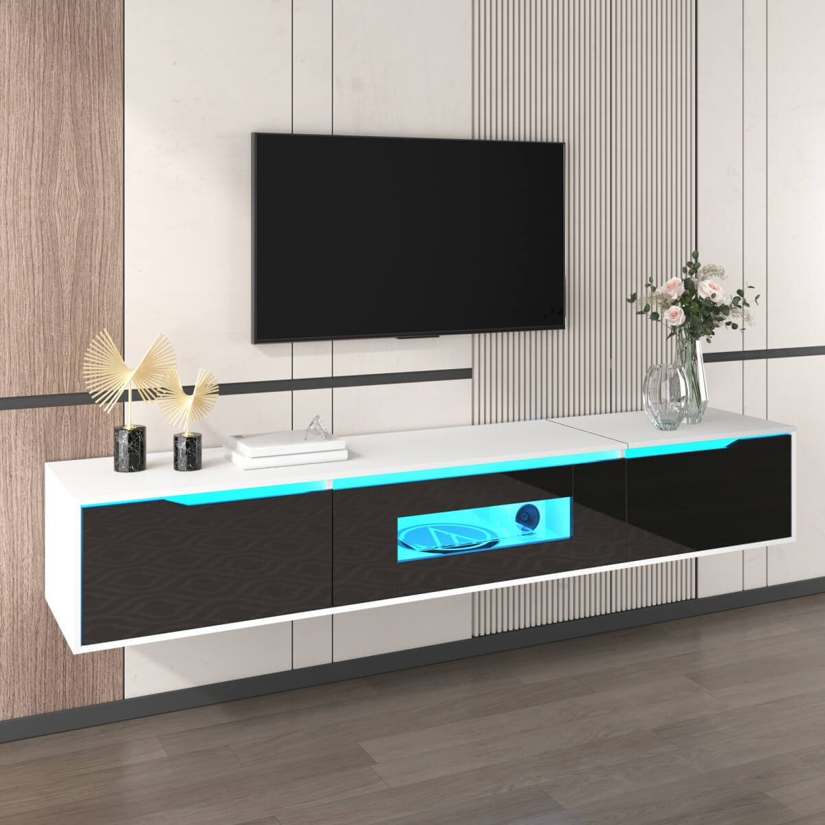 High-Gloss TV Cabinet – White & Black, LED Colour-Changing Lights