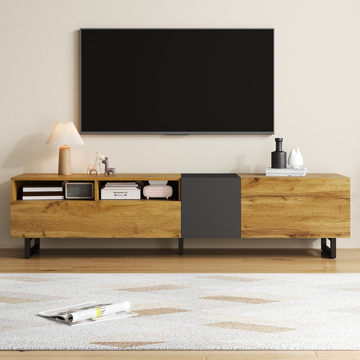 Colorblock TV Cabinet, Three Doors Two Compartments U-Shaped Legs, Retro Wood Grain