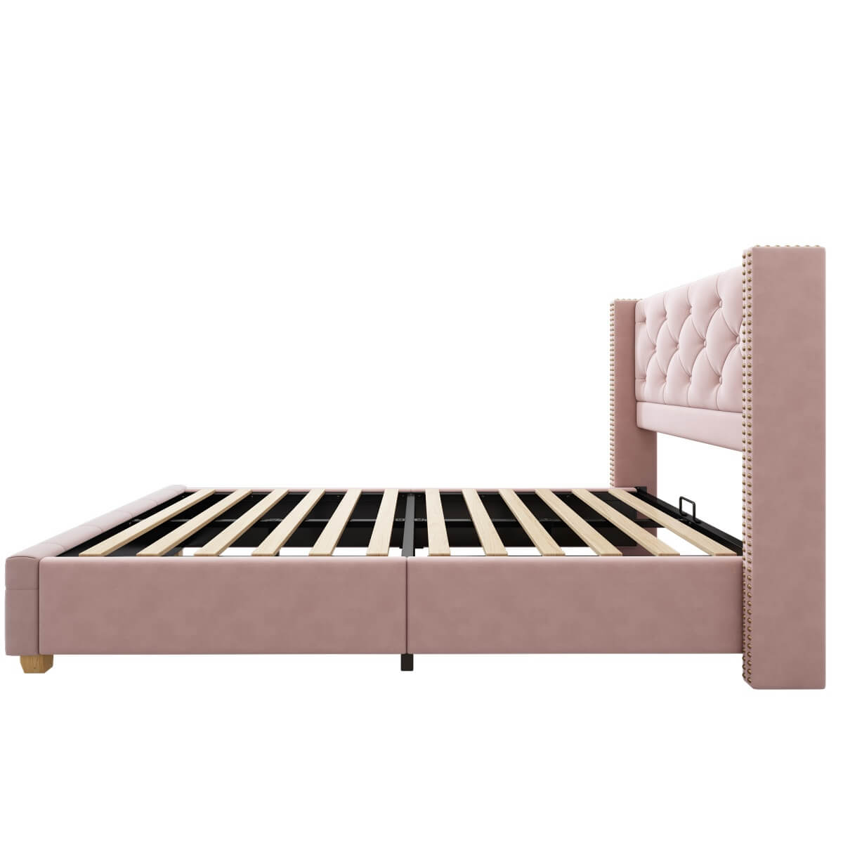 3ft Single Velvet Bed Frame - Upholstered Bed with Button & Stud Headboard, Wooden Legs, Pink