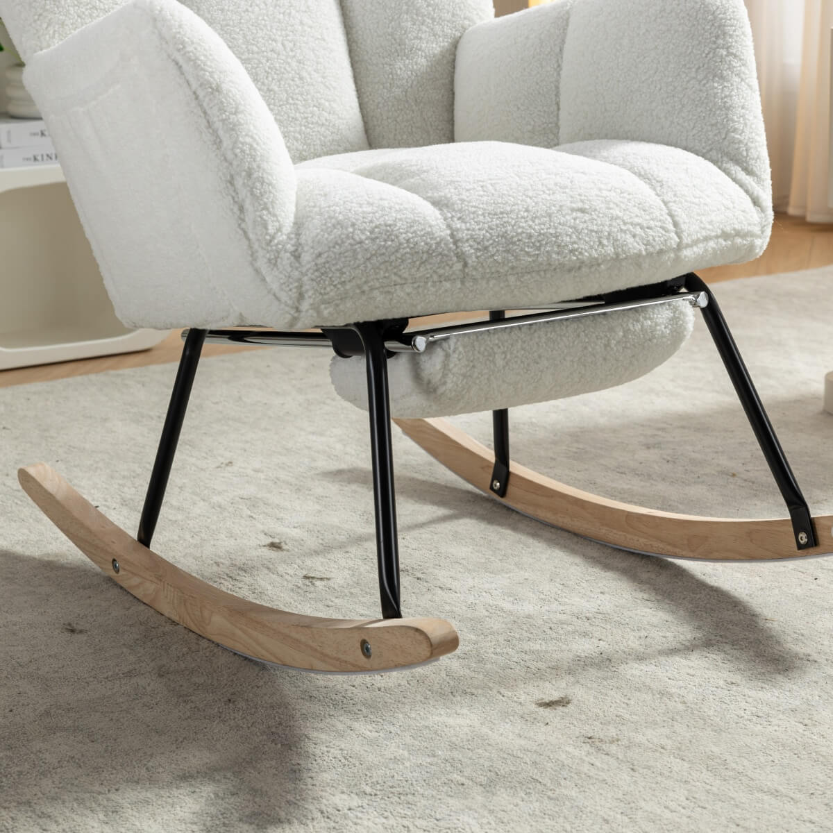 Teddy Fabric Rocking Chair with Pull Out Footrest - Tufted Upholstered Armchair, White