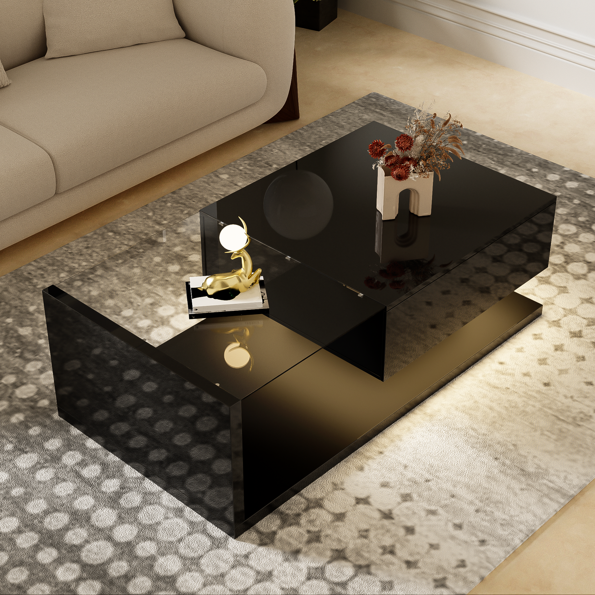 Coffee Table, High-Gloss Black with Push-Pull Storage