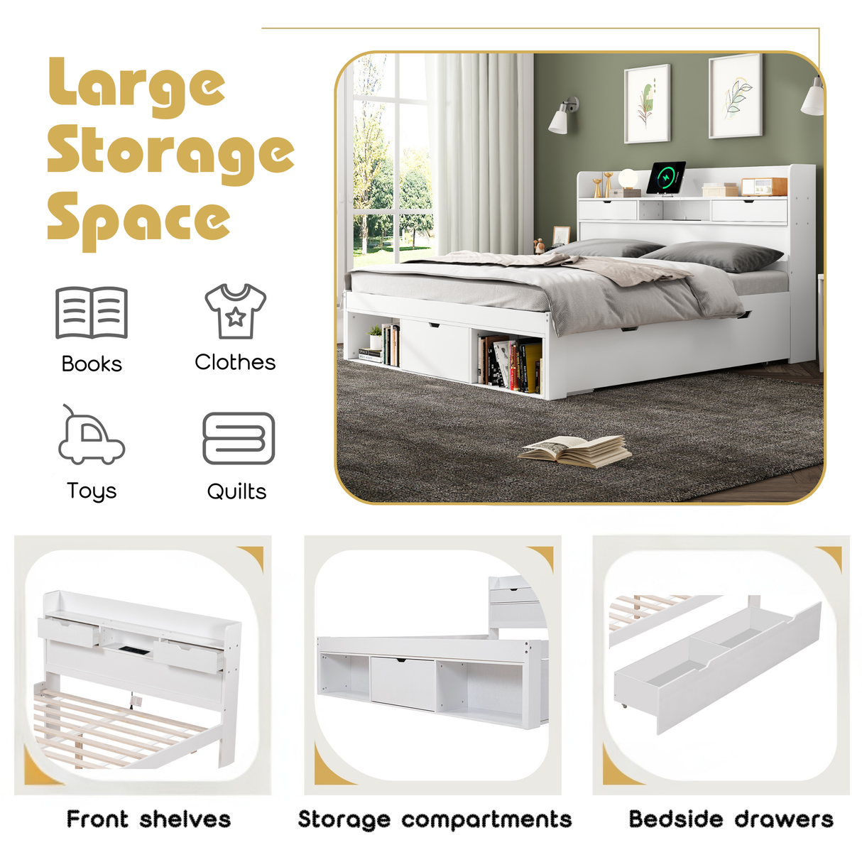 Double Bed 4ft6 (135*190cm) with USB Port, Drawers & Storage Cabinet, White