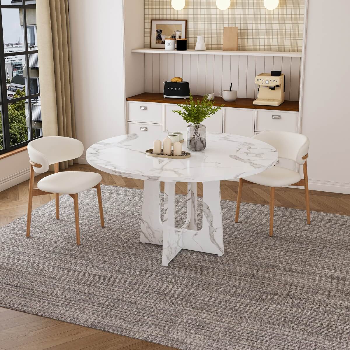 Round Dining Table for 4 - 47 Inch Farmhouse Kitchen Table with Wood Grain Finish, Circular Dining Table for Dining Room & Kitchen, White