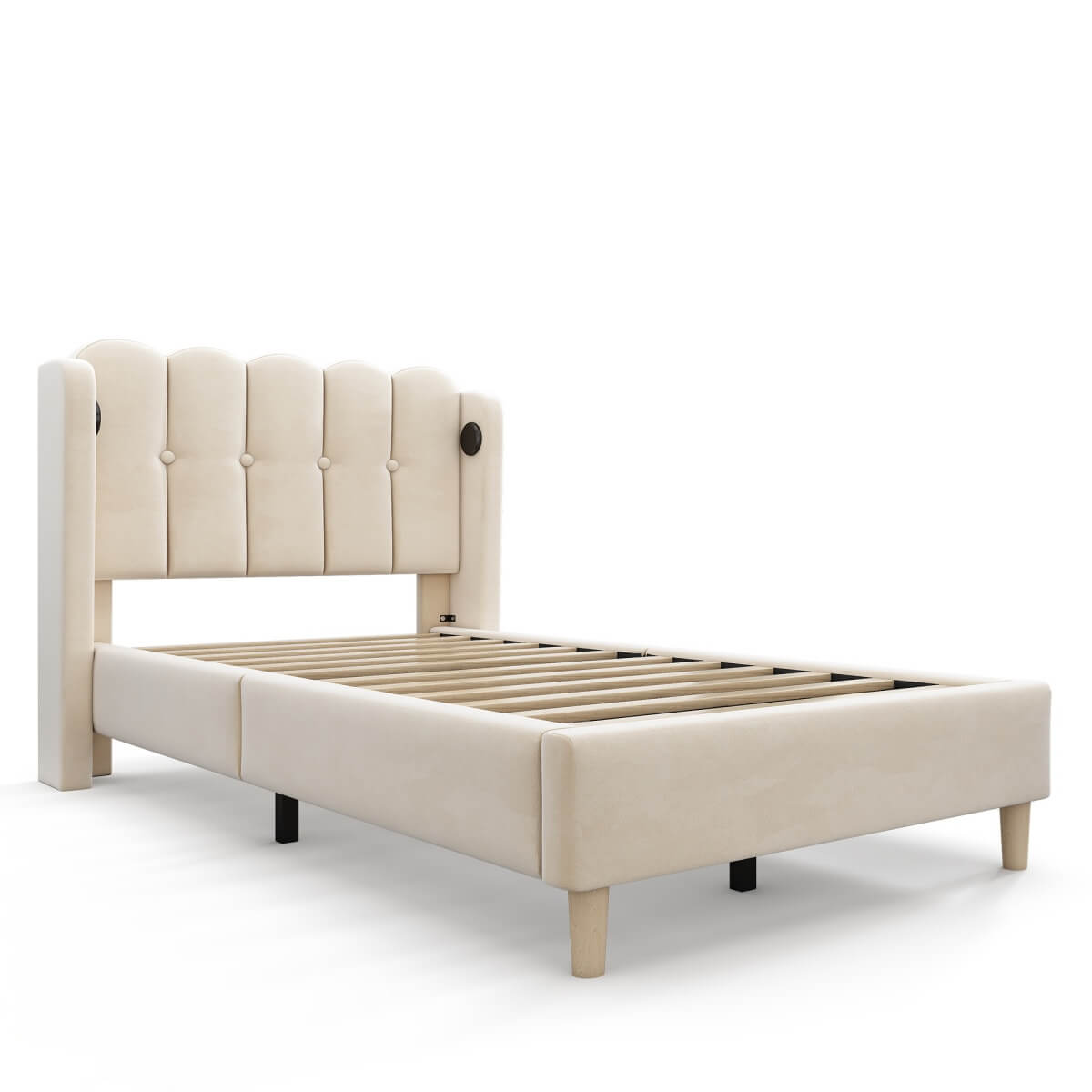 3ft Single Upholstered Bed - Velvet Bed Frame with USB & Type-C Charging, Wooden Slats, Beige