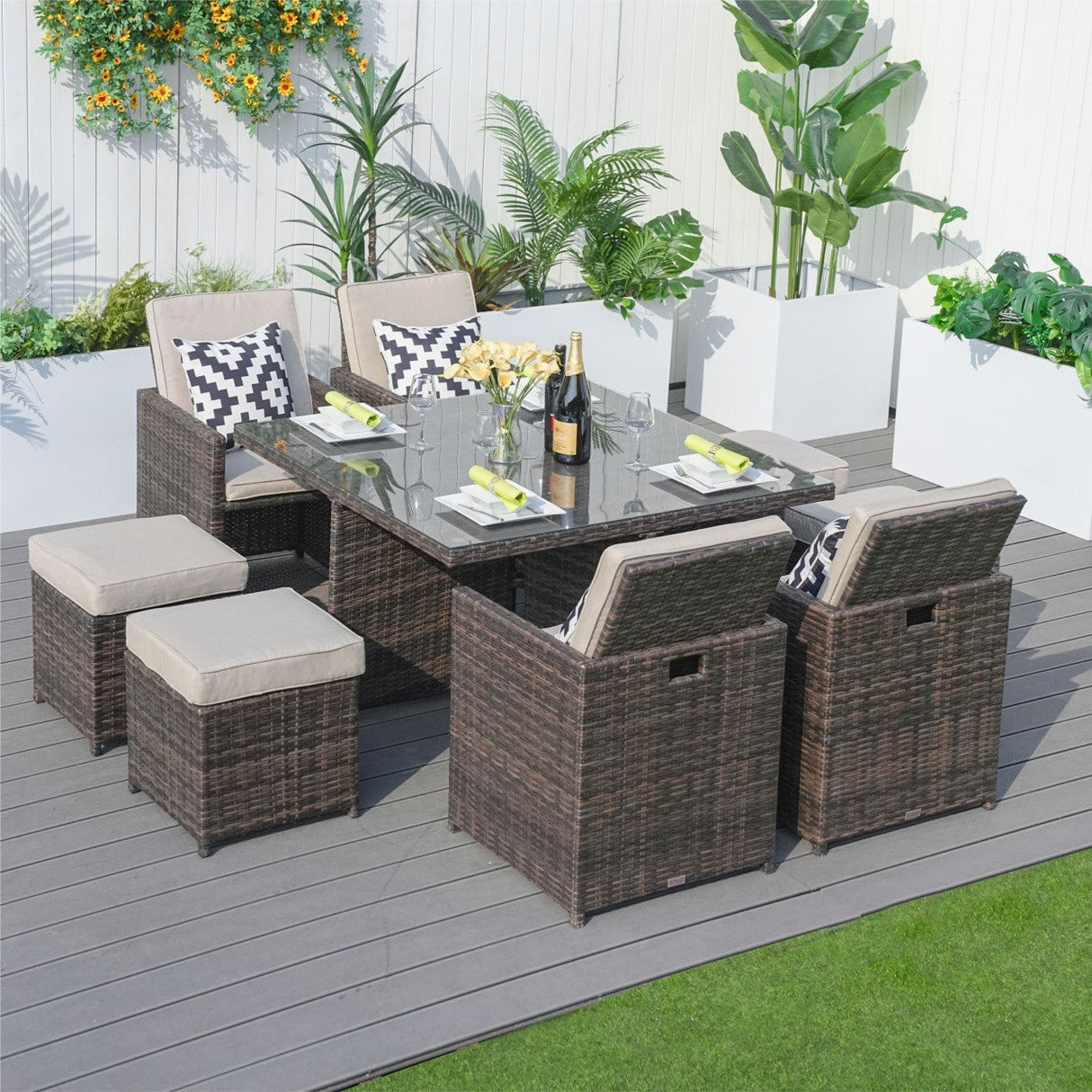 8 Seater Aluminium Rattan Dining Set – Outdoor Garden Table with 4 Chairs and 4 Footstools