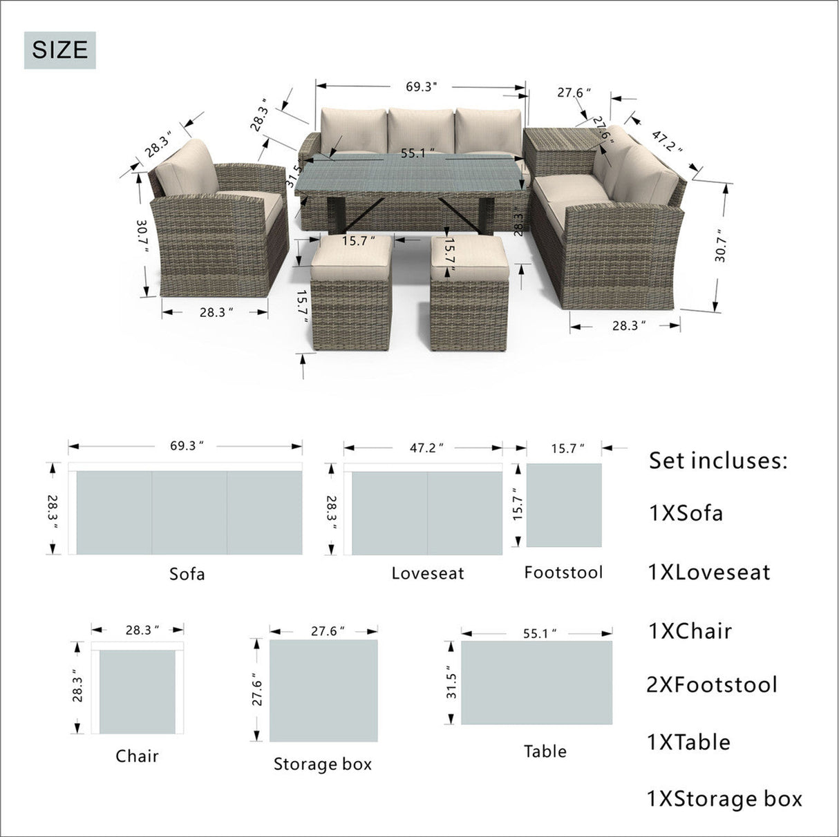 8-Seater Outdoor Rattan Conversation Set with Storage Box - PAS-1403B