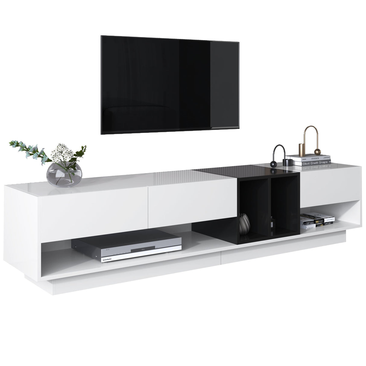 TV cabinet lowboard combination, color-blocking design with drawers and compartments, high-gloss white and black