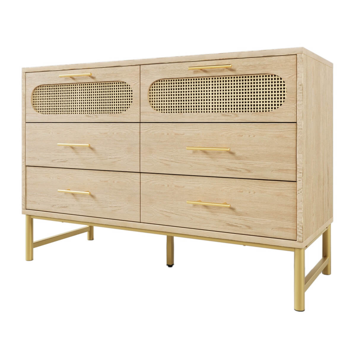 Rattan Sideboard Cabinet with 6 Drawers - Wooden Storage Cupboard for Living Room, Oak