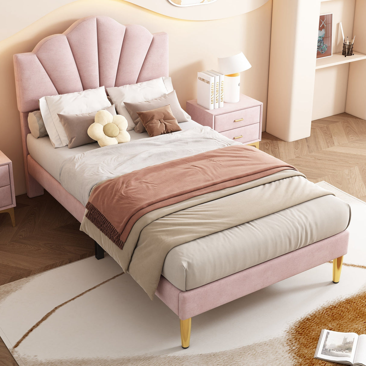 Velvet Upholstered Single Bed - 3ft (90*190cm) with Shell-like Design, Golden Iron Legs, Height-Adjustable Headboard, Wooden Slatted Frame, Pink