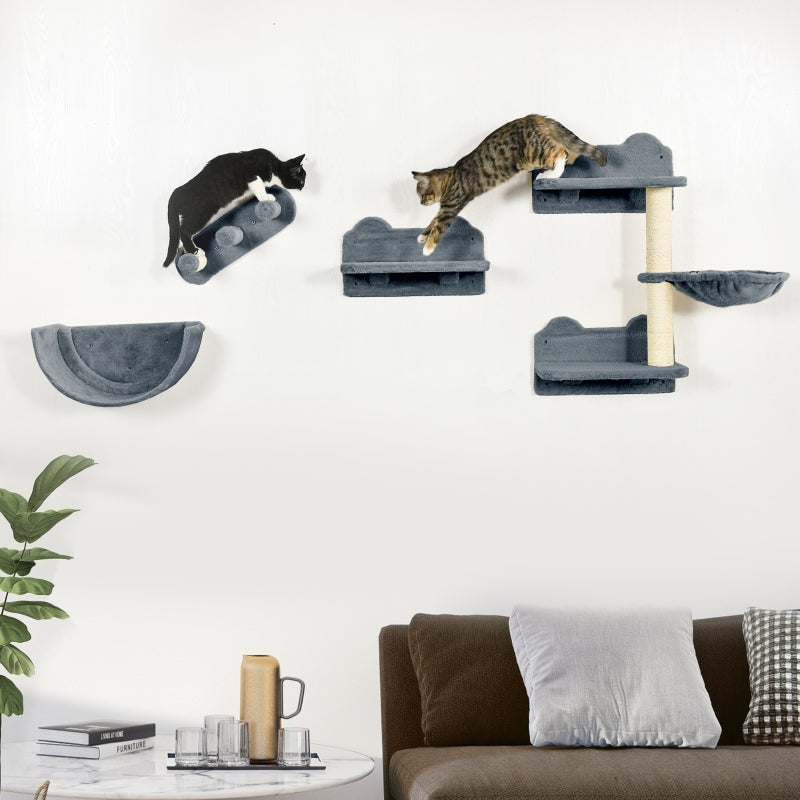 4PCs Wall-Mounted Cat Shelves with Scratching Post, Hammock, Nest - Grey