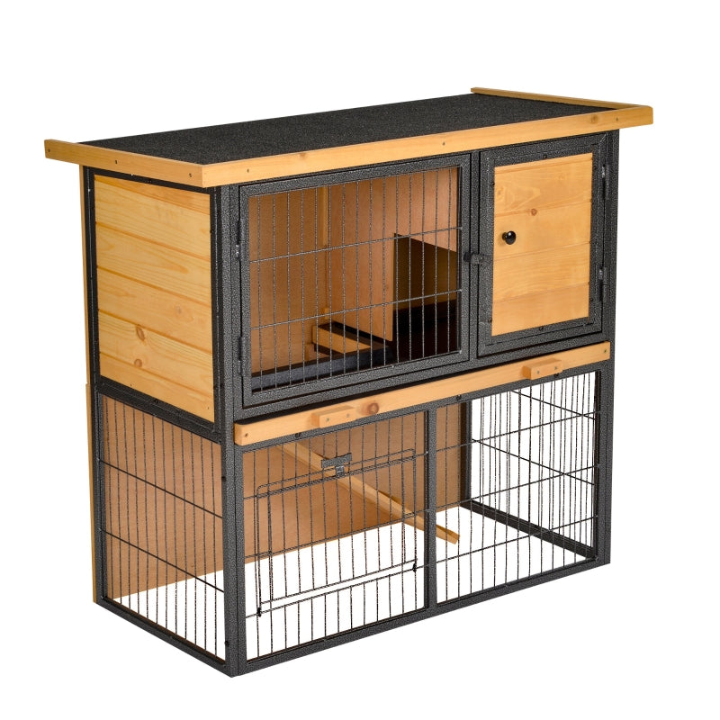 Guinea Pig Hutch Rabbit Hutch Elevated Pet House Bunny Cage with No-Leak Tray Ramp Openable Roof Outdoor Wood-metal Light Yellow