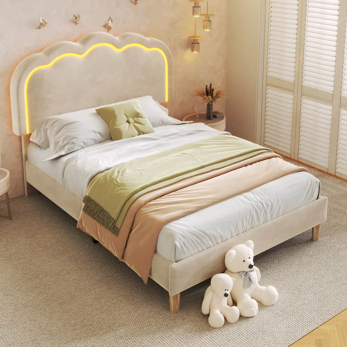 3ft Single Kids Bed with LED - Upholstered Velvet Bed Frame, Adjustable Headboard & Slatted Base, Beige