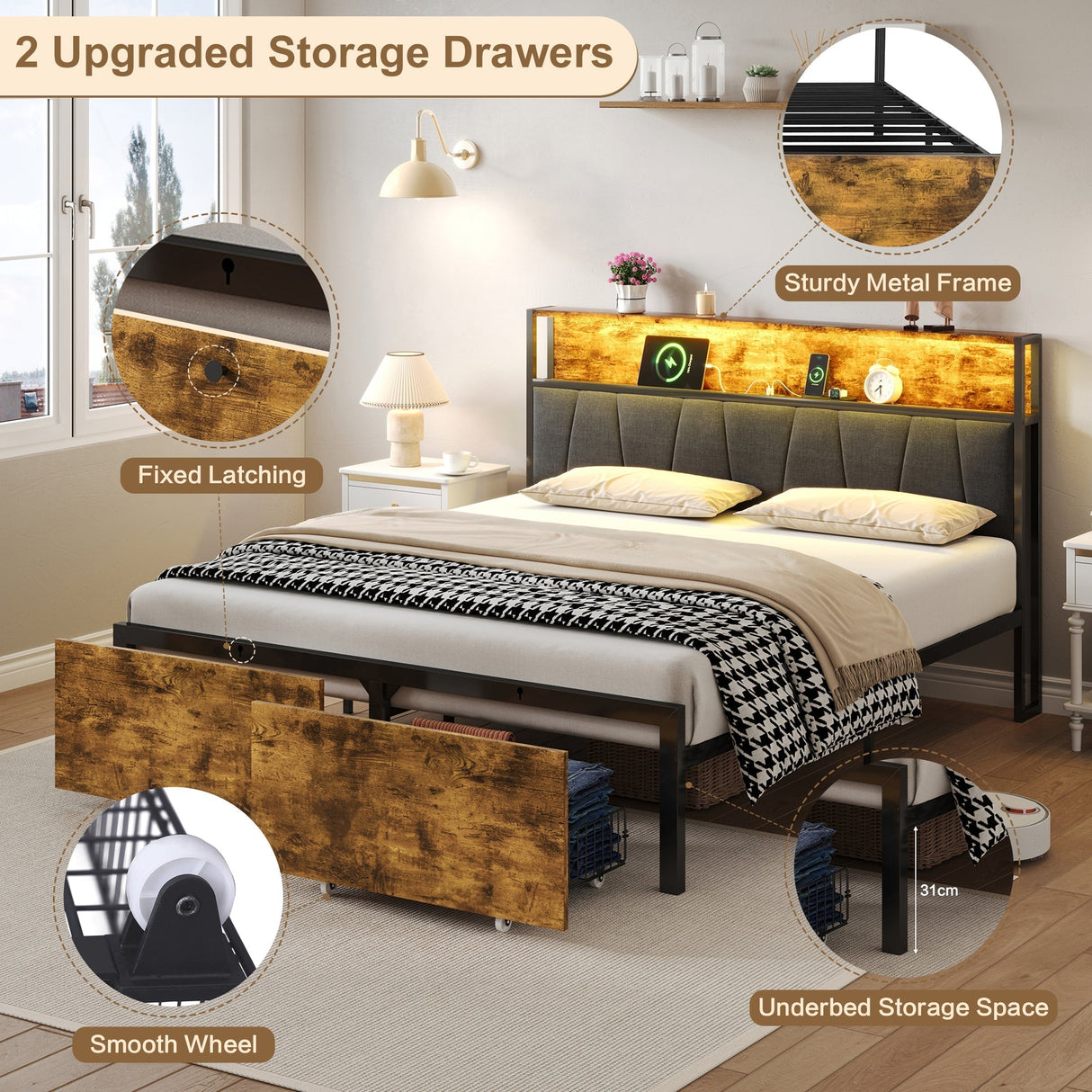 4ft6 Double Bed Frame with 2 Storage Drawers, RGB LED Storage Headboard & Charging Station, Black+Walnut