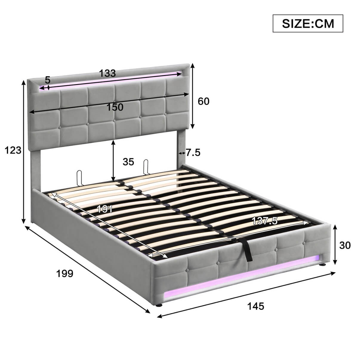 4ft6 Double Velvet Ottoman Bed - LED Storage Bed Frame with 7 Colour Lights, Grey