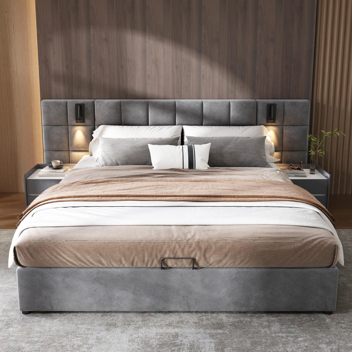 4ft6 Double Velvet Ottoman Storage Bed with USB Charging & Reading Light - Wide Headboard, Grey