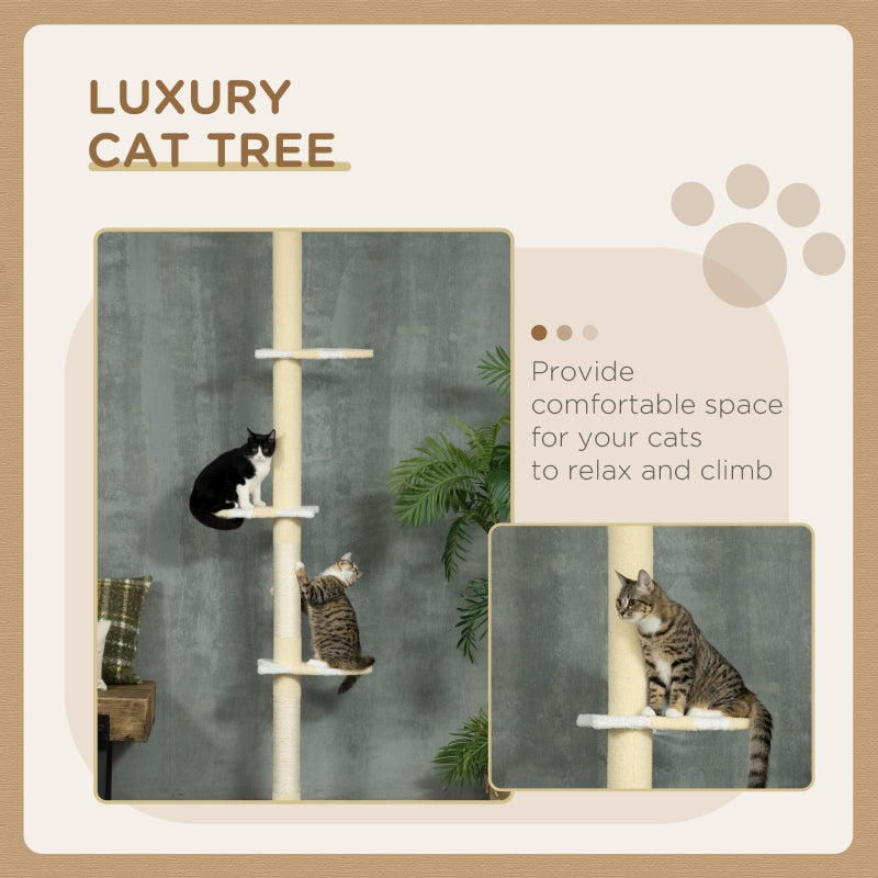 Cat Tree, 260cm Adjustable Floor-To-Ceiling w/ Anti-Tipping Kit, Toy Ball