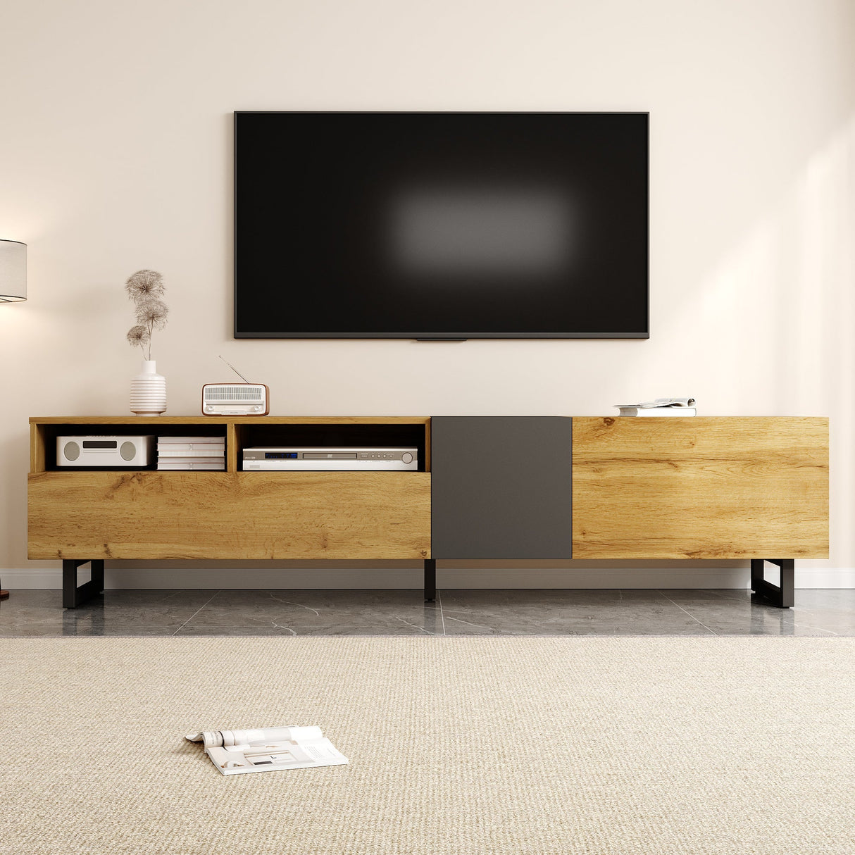 Colorblock TV Cabinet, Three Doors Two Compartments U-Shaped Legs, Retro Wood Grain