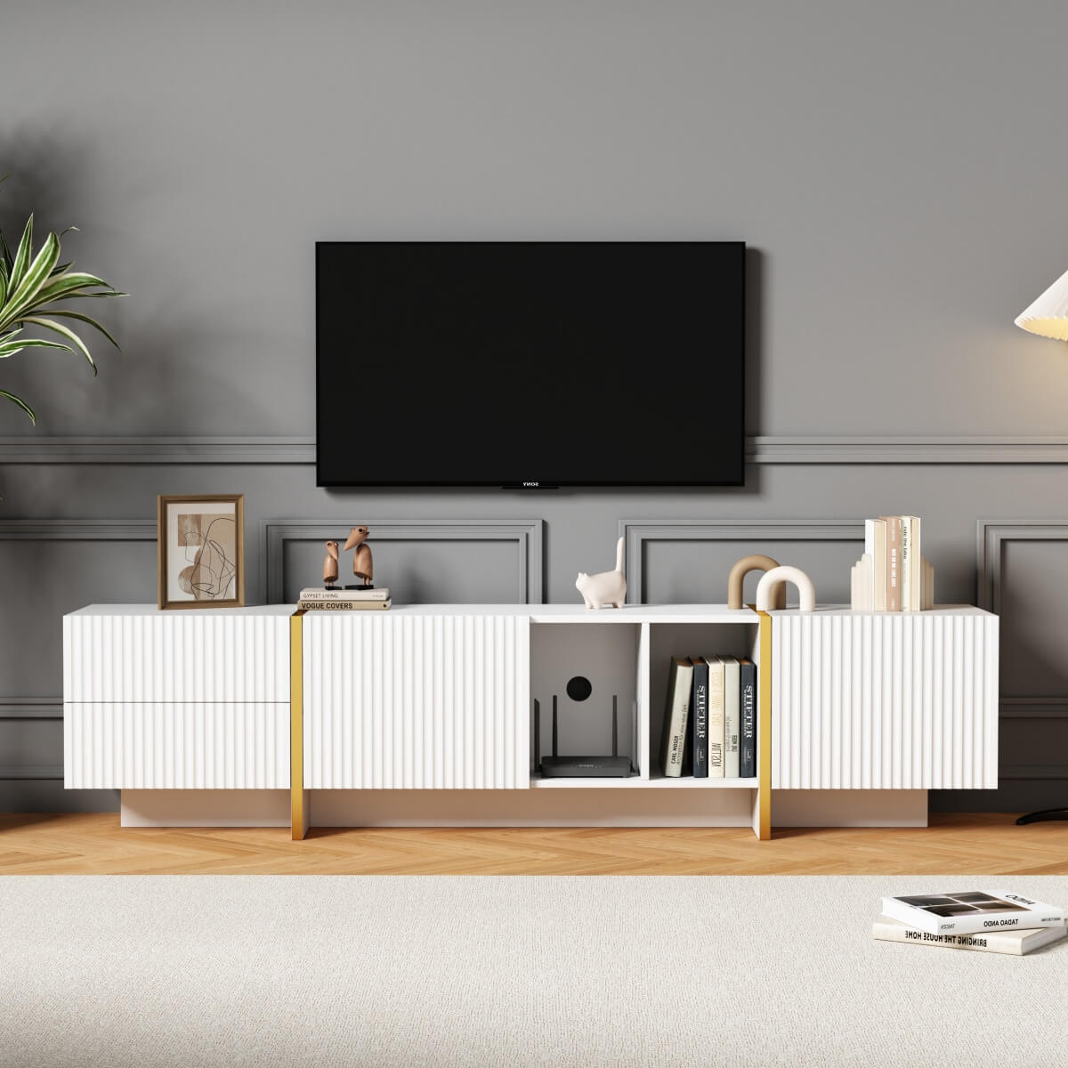 TV Stand for Up to 85 Inch TVs with Storage Cabinets & Open Shelves - Embossed Media Console, White