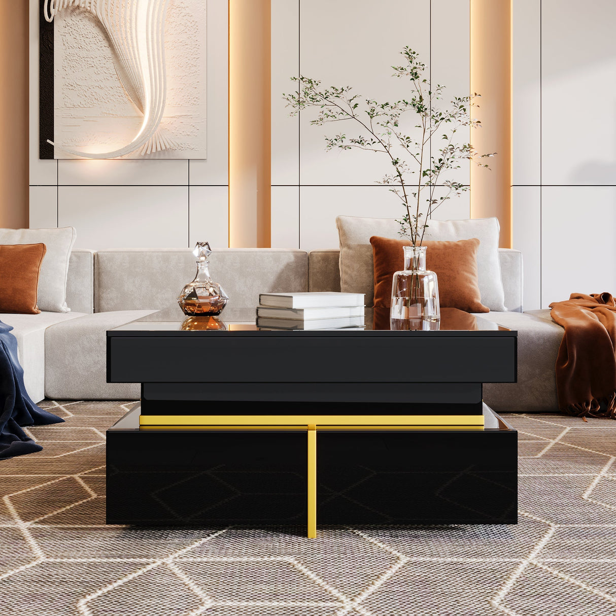 Coffee Table, High-Gloss, with Drawers, Gold Accents