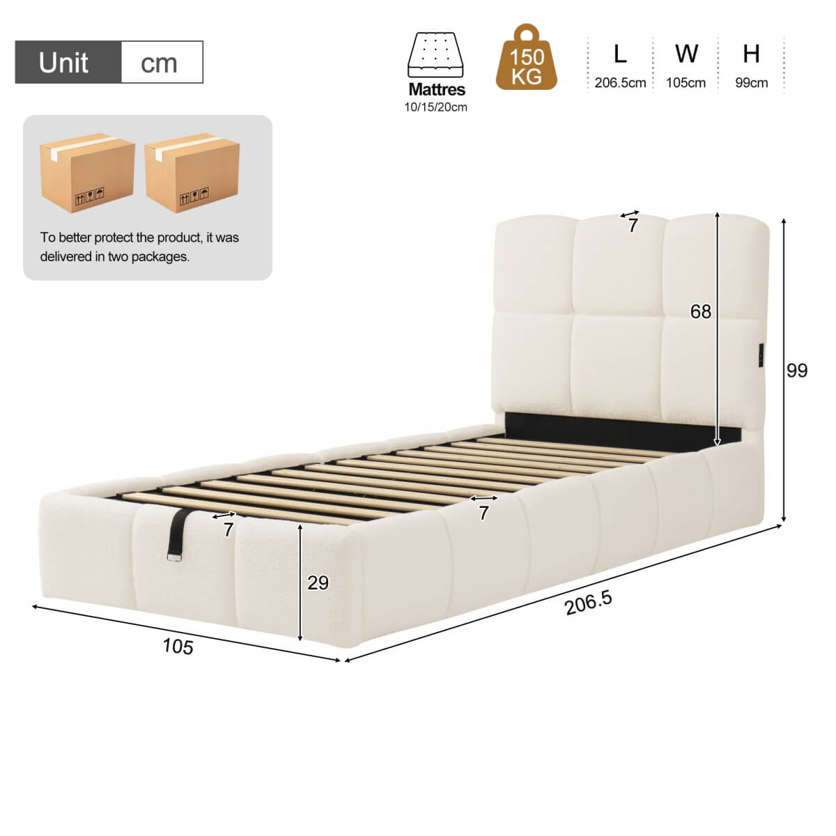 3ft Bouclé Upholstered Storage Bed - Single Hydraulic Bed with Headboard, Beige