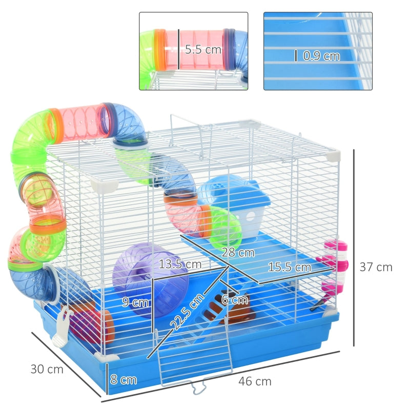 Hamster Cage, 2 Tier Gerbil Cage with Handle, Exercise Wheels, Tunnel, Tube, Water Bottle, Dishes, Ladder, Blue