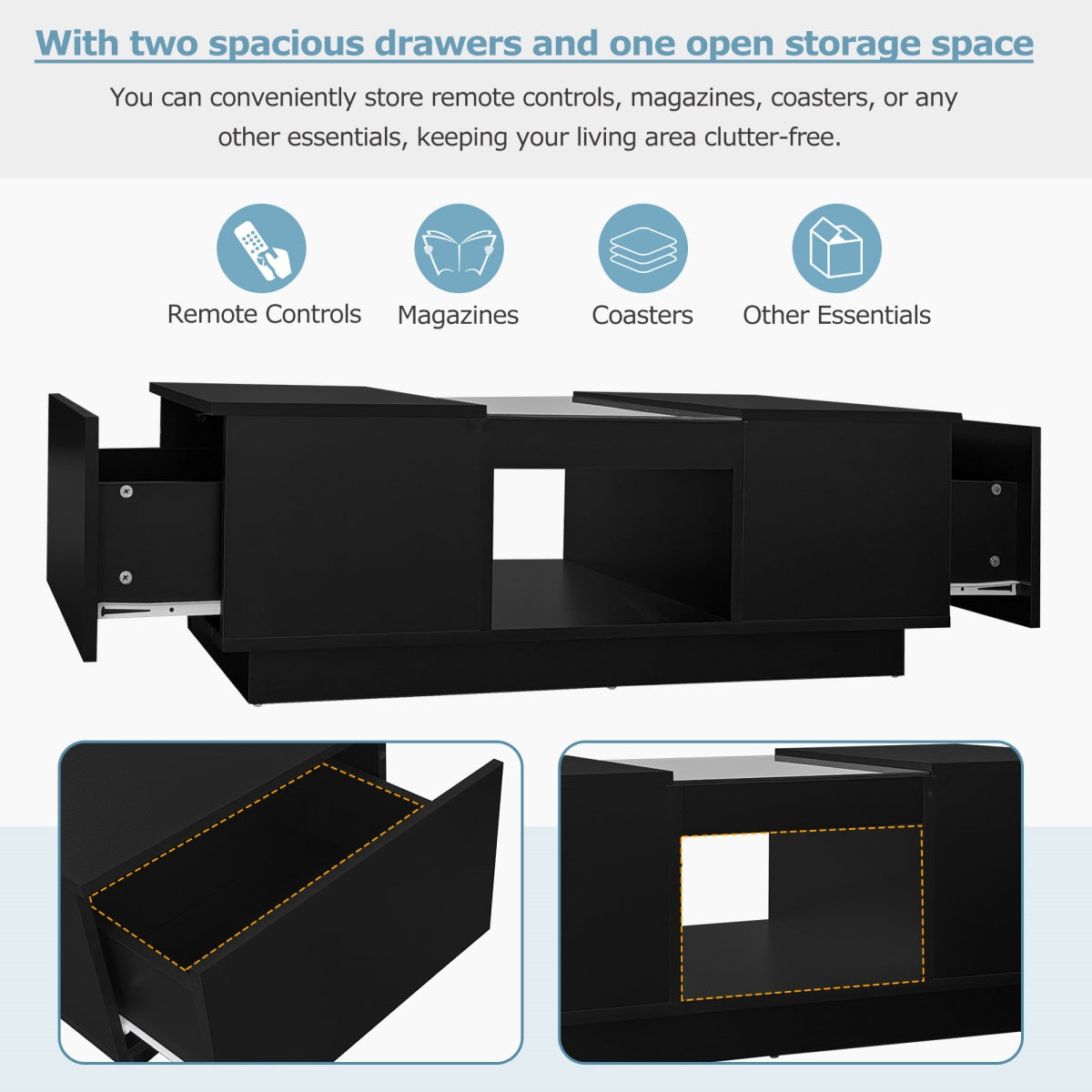 LED Coffee Table with Storage - 2 Tiers, 2 Drawers, Black