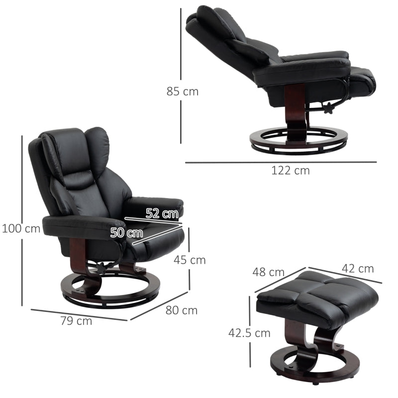 360?? Swivel Recliner Chair with Footstool, Manual Recliner Armchair, Black PU Leather